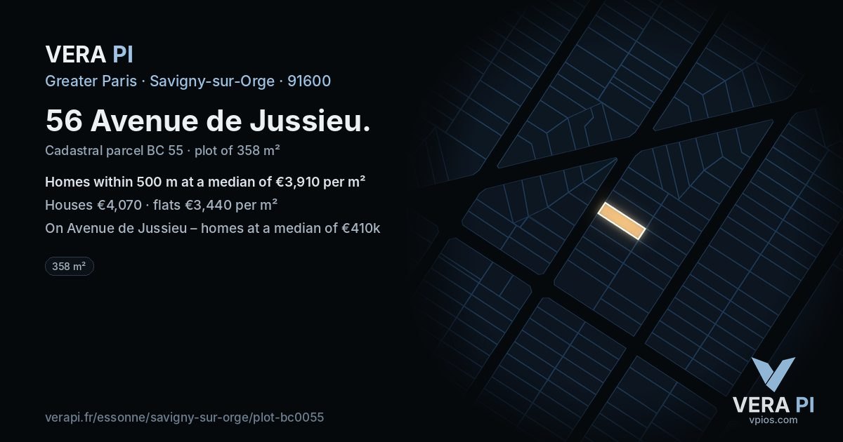56 Avenue de Jussieu, Savigny-sur-Orge at night – the plot lit, the parcels around coloured by the prices near them