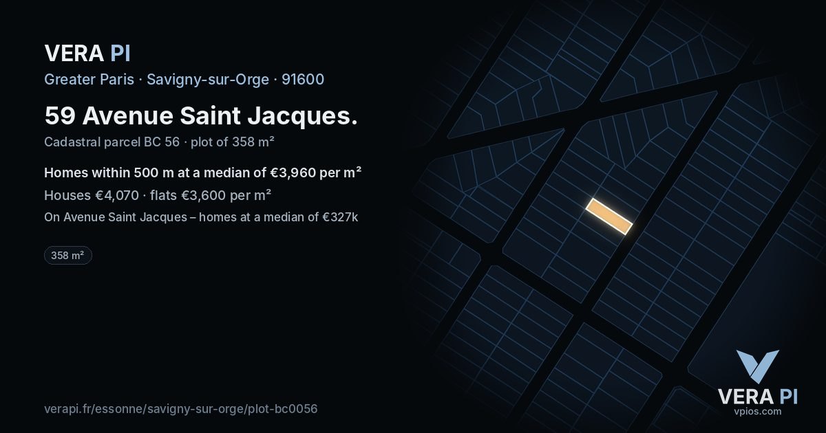 59 Avenue Saint Jacques, Savigny-sur-Orge at night – the plot lit, the parcels around coloured by the prices near them