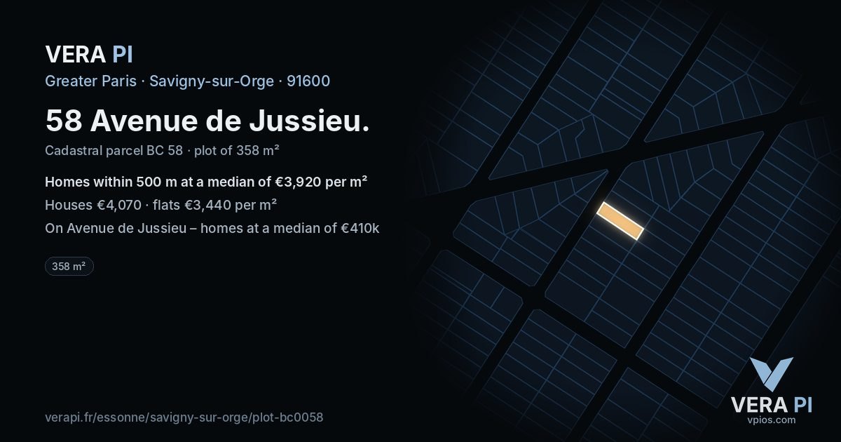 58 Avenue de Jussieu, Savigny-sur-Orge at night – the plot lit, the parcels around coloured by the prices near them