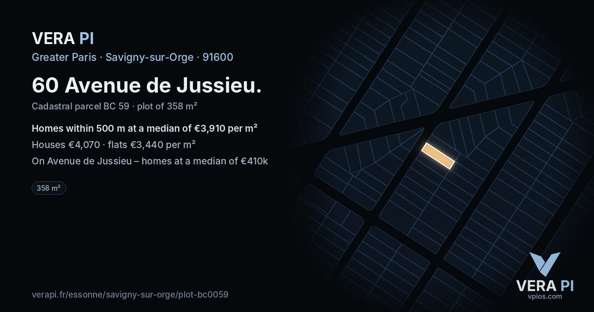 60 Avenue de Jussieu, Savigny-sur-Orge at night – the plot lit, the parcels around coloured by the prices near them