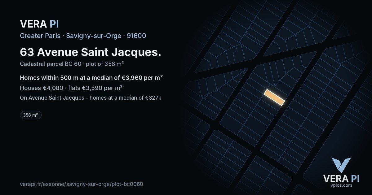 63 Avenue Saint Jacques, Savigny-sur-Orge at night – the plot lit, the parcels around coloured by the prices near them