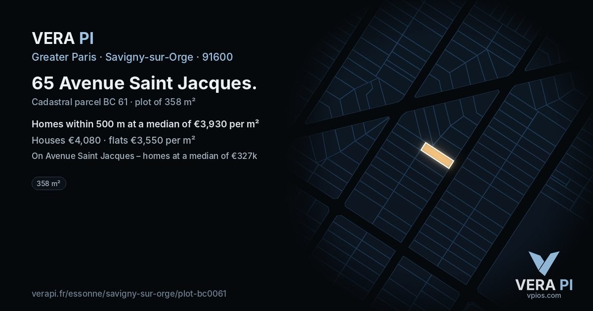 65 Avenue Saint Jacques, Savigny-sur-Orge at night – the plot lit, the parcels around coloured by the prices near them