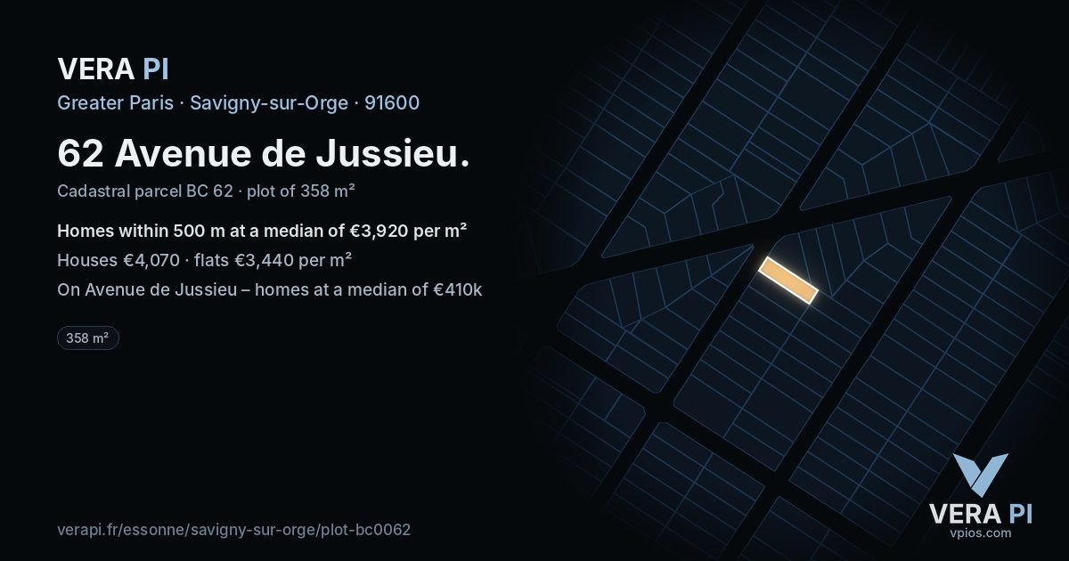 62 Avenue de Jussieu, Savigny-sur-Orge at night – the plot lit, the parcels around coloured by the prices near them