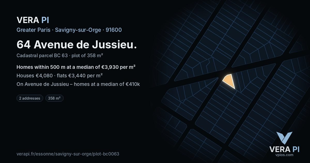 64 Avenue de Jussieu, Savigny-sur-Orge at night – the plot lit, the parcels around coloured by the prices near them
