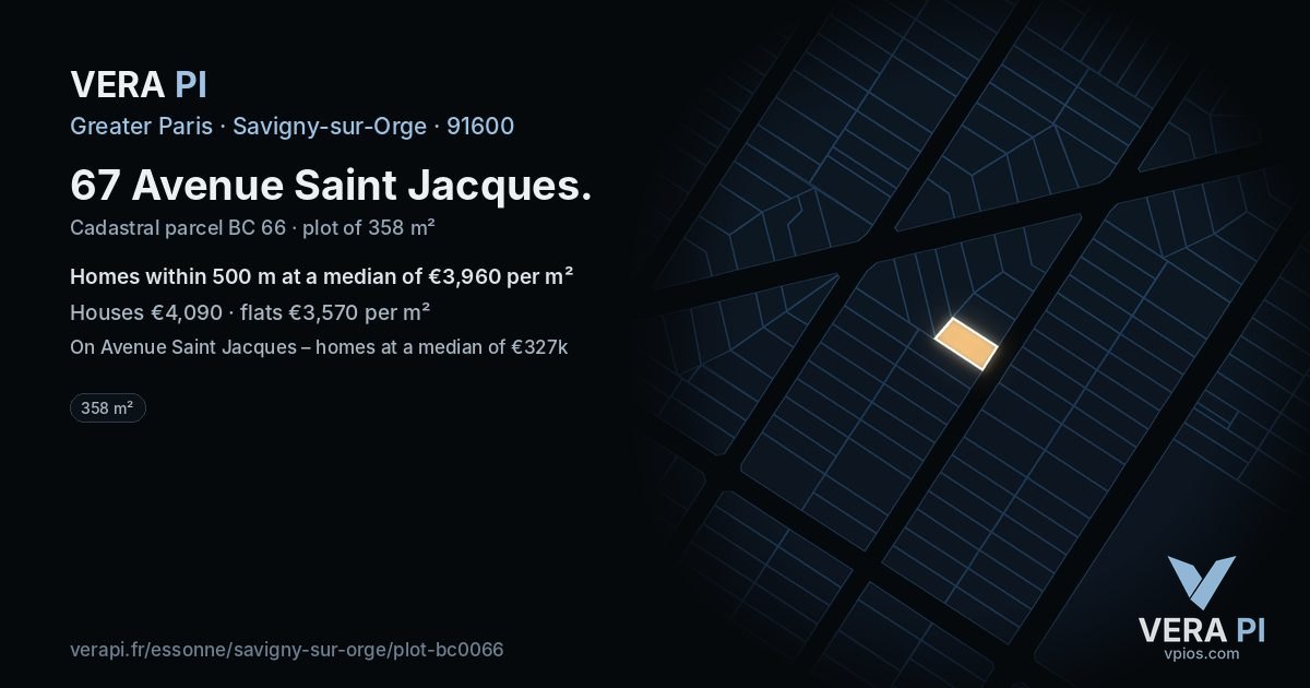 67 Avenue Saint Jacques, Savigny-sur-Orge at night – the plot lit, the parcels around coloured by the prices near them