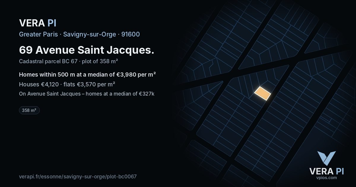 69 Avenue Saint Jacques, Savigny-sur-Orge at night – the plot lit, the parcels around coloured by the prices near them