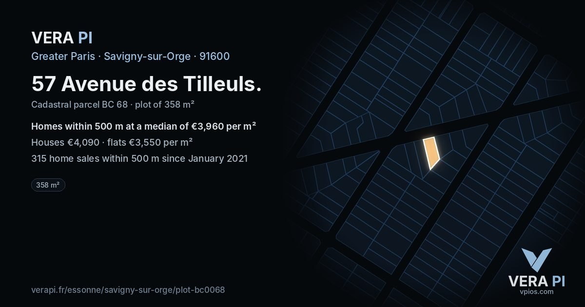 57 Avenue des Tilleuls, Savigny-sur-Orge at night – the plot lit, the parcels around coloured by the prices near them