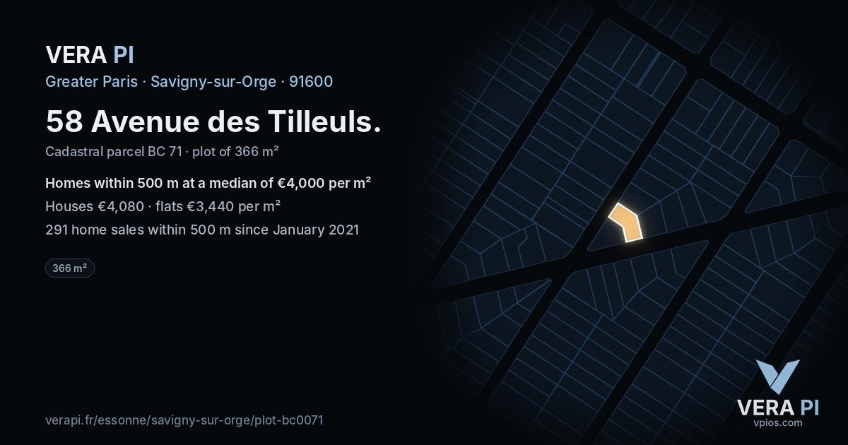 58 Avenue des Tilleuls, Savigny-sur-Orge at night – the plot lit, the parcels around coloured by the prices near them