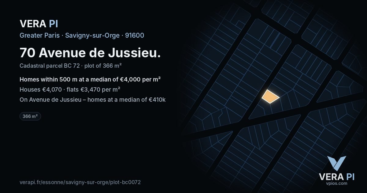 70 Avenue de Jussieu, Savigny-sur-Orge at night – the plot lit, the parcels around coloured by the prices near them