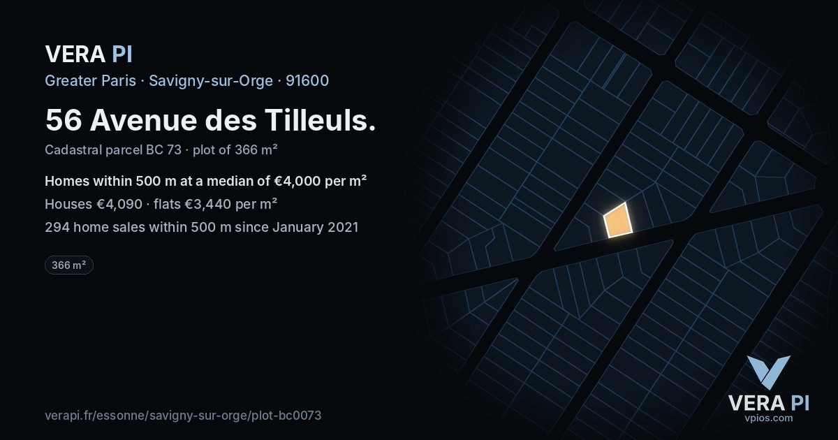 56 Avenue des Tilleuls, Savigny-sur-Orge at night – the plot lit, the parcels around coloured by the prices near them
