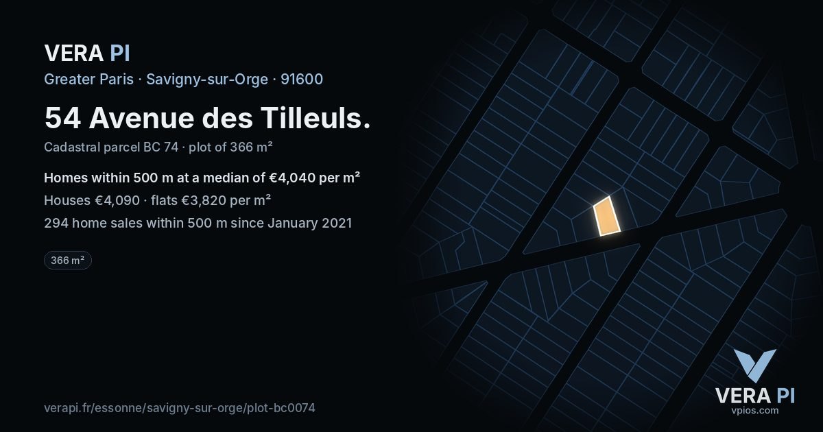 54 Avenue des Tilleuls, Savigny-sur-Orge at night – the plot lit, the parcels around coloured by the prices near them