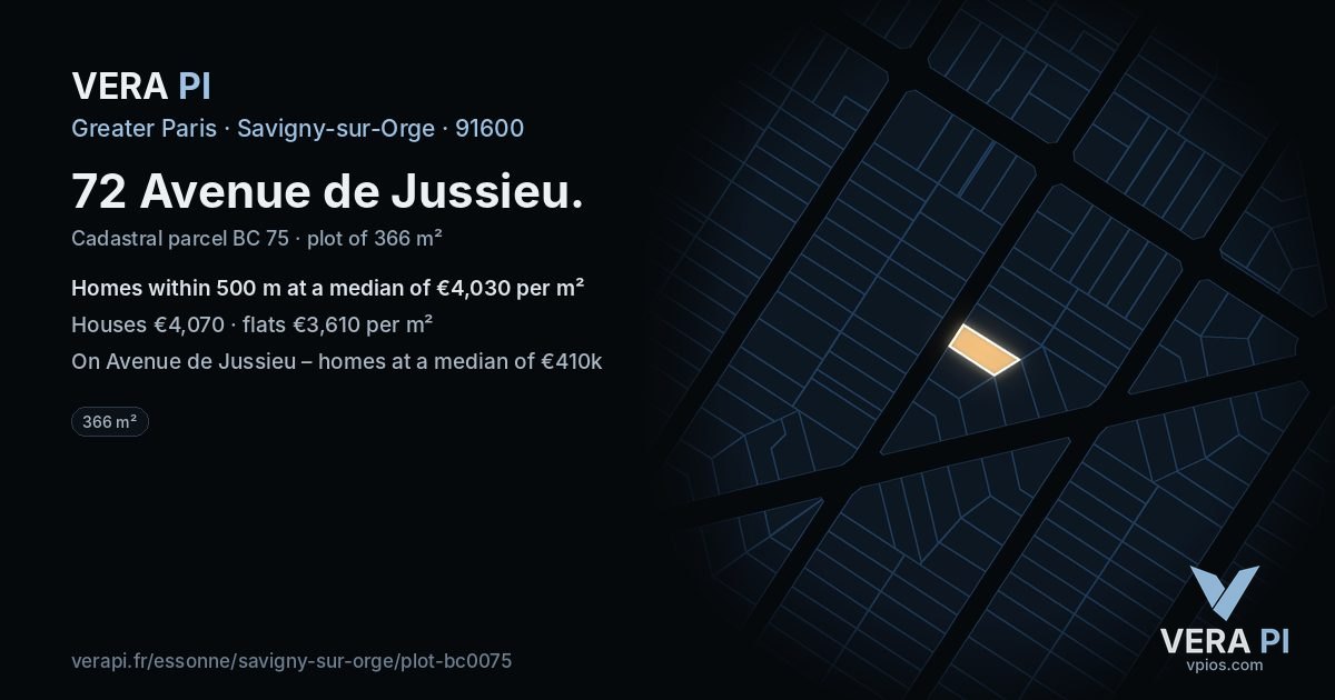 72 Avenue de Jussieu, Savigny-sur-Orge at night – the plot lit, the parcels around coloured by the prices near them