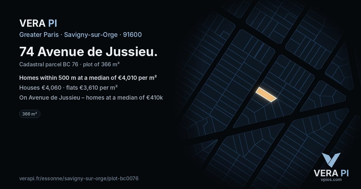 74 Avenue de Jussieu, Savigny-sur-Orge at night – the plot lit, the parcels around coloured by the prices near them