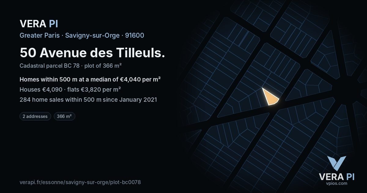 50 Avenue des Tilleuls, Savigny-sur-Orge at night – the plot lit, the parcels around coloured by the prices near them