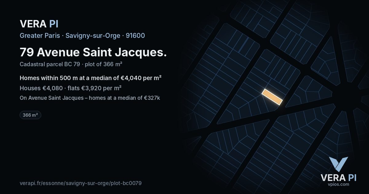 79 Avenue Saint Jacques, Savigny-sur-Orge at night – the plot lit, the parcels around coloured by the prices near them
