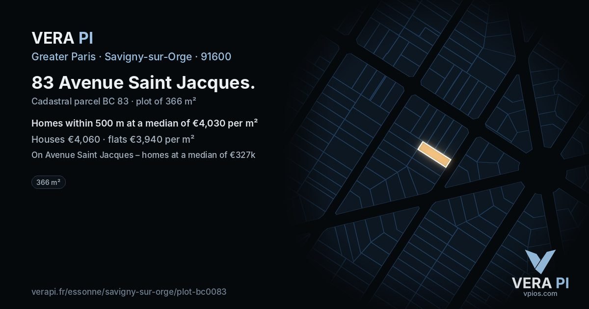 83 Avenue Saint Jacques, Savigny-sur-Orge at night – the plot lit, the parcels around coloured by the prices near them