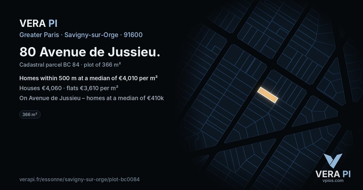 80 Avenue de Jussieu, Savigny-sur-Orge at night – the plot lit, the parcels around coloured by the prices near them