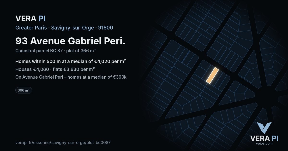 93 Avenue Gabriel Peri, Savigny-sur-Orge at night – the plot lit, the parcels around coloured by the prices near them