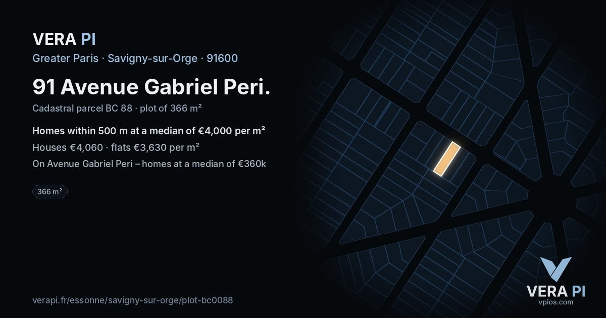 91 Avenue Gabriel Peri, Savigny-sur-Orge at night – the plot lit, the parcels around coloured by the prices near them