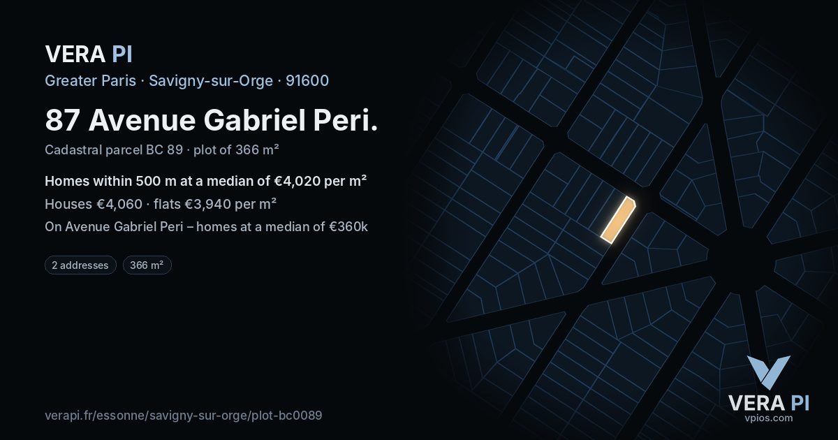 87 Avenue Gabriel Peri, Savigny-sur-Orge at night – the plot lit, the parcels around coloured by the prices near them