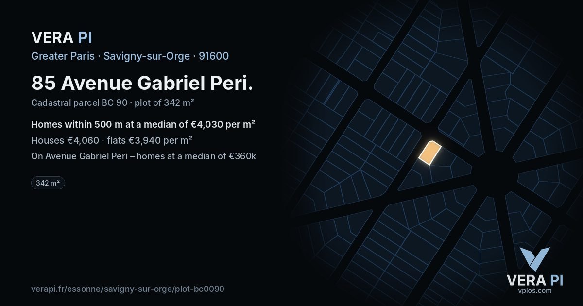 85 Avenue Gabriel Peri, Savigny-sur-Orge at night – the plot lit, the parcels around coloured by the prices near them