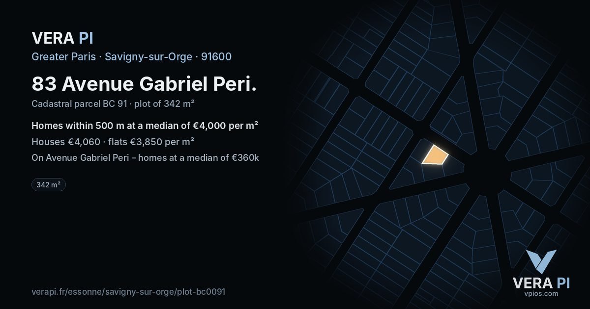 83 Avenue Gabriel Peri, Savigny-sur-Orge at night – the plot lit, the parcels around coloured by the prices near them