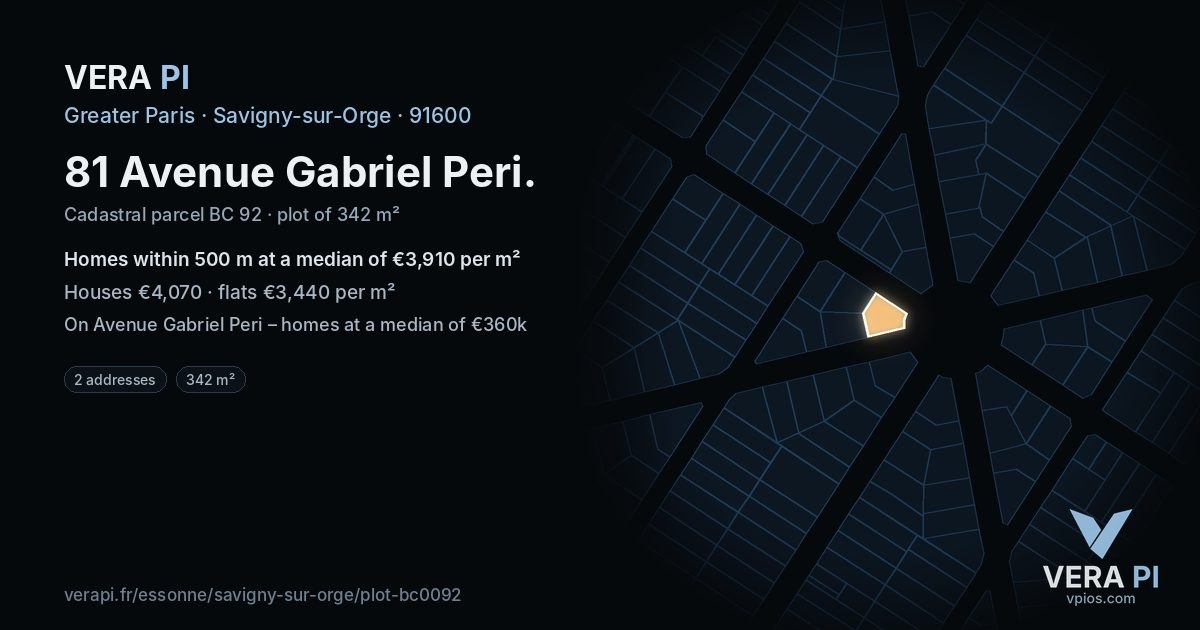 81 Avenue Gabriel Peri, Savigny-sur-Orge at night – the plot lit, the parcels around coloured by the prices near them