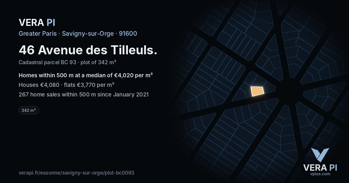 46 Avenue des Tilleuls, Savigny-sur-Orge at night – the plot lit, the parcels around coloured by the prices near them