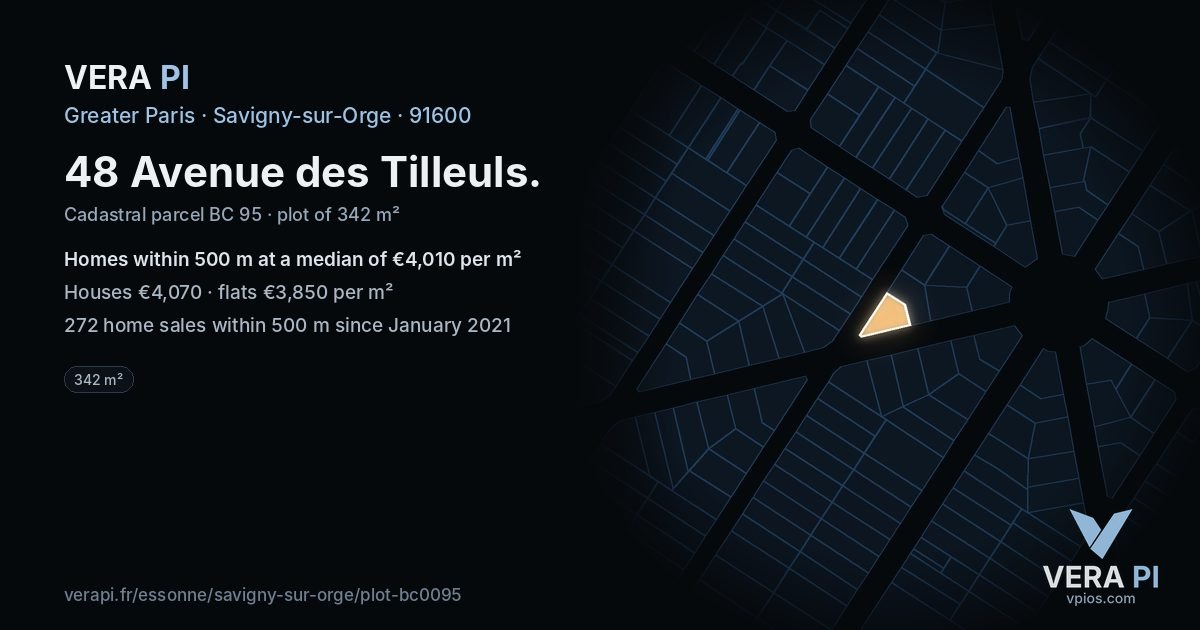 48 Avenue des Tilleuls, Savigny-sur-Orge at night – the plot lit, the parcels around coloured by the prices near them