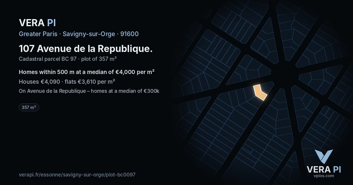 107 Avenue de la Republique, Savigny-sur-Orge at night – the plot lit, the parcels around coloured by the prices near them