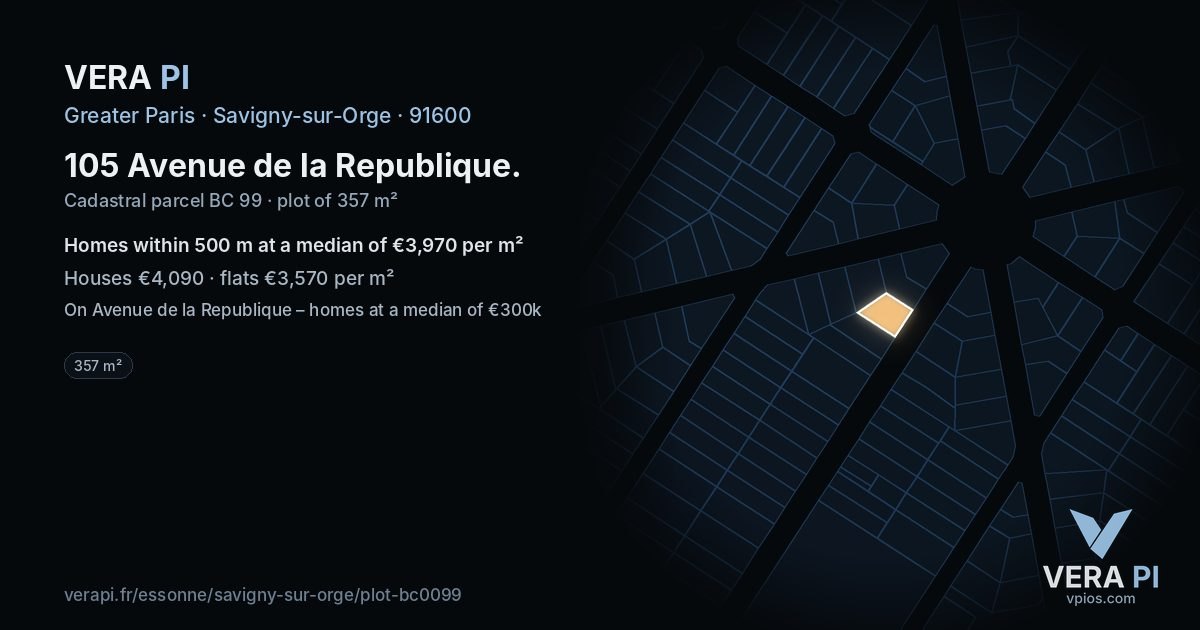 105 Avenue de la Republique, Savigny-sur-Orge at night – the plot lit, the parcels around coloured by the prices near them