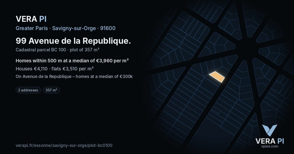 99 Avenue de la Republique, Savigny-sur-Orge at night – the plot lit, the parcels around coloured by the prices near them
