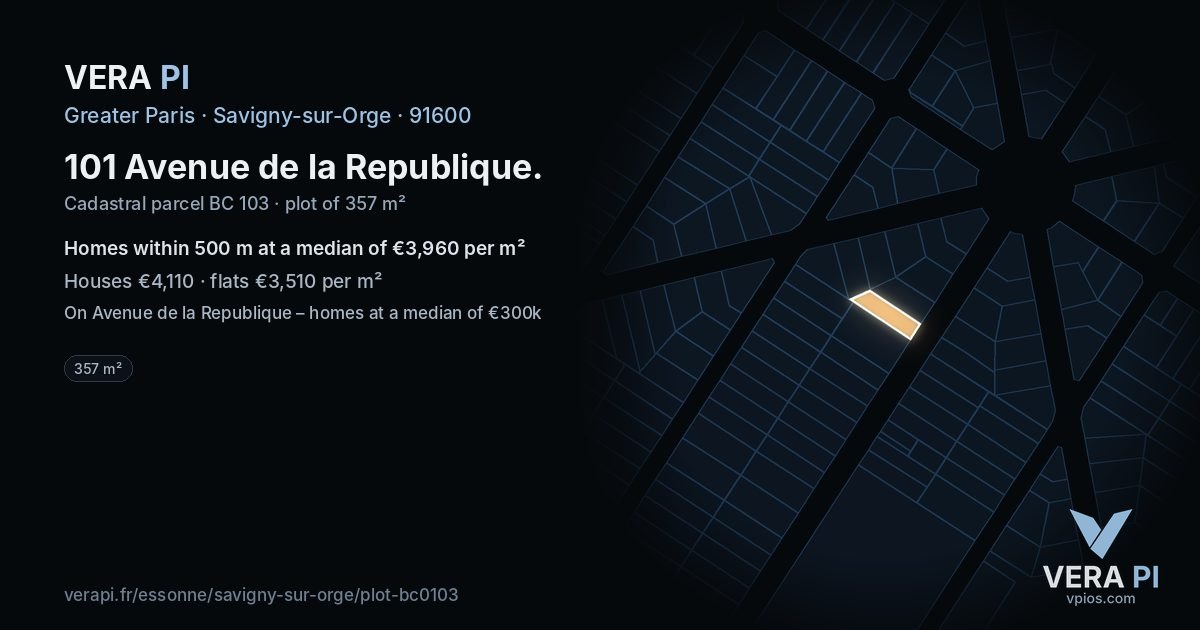101 Avenue de la Republique, Savigny-sur-Orge at night – the plot lit, the parcels around coloured by the prices near them