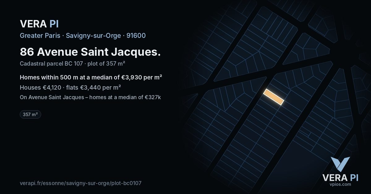 86 Avenue Saint Jacques, Savigny-sur-Orge at night – the plot lit, the parcels around coloured by the prices near them