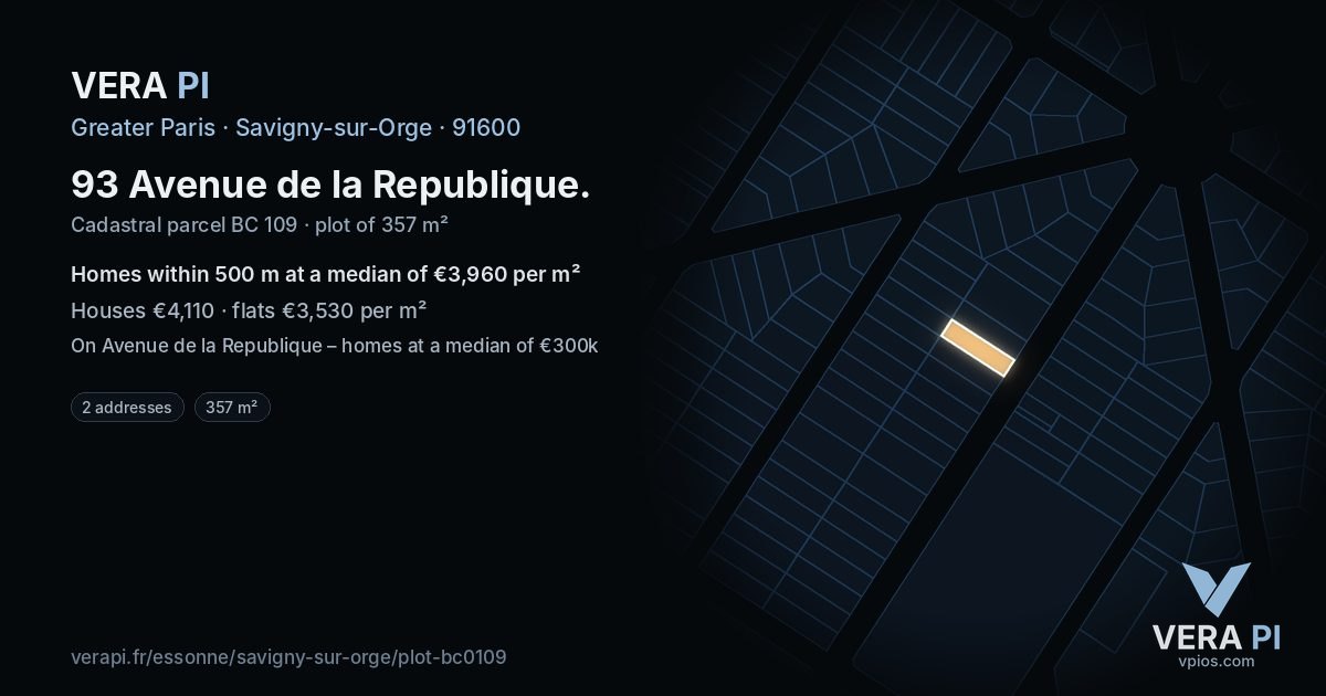 93 Avenue de la Republique, Savigny-sur-Orge at night – the plot lit, the parcels around coloured by the prices near them