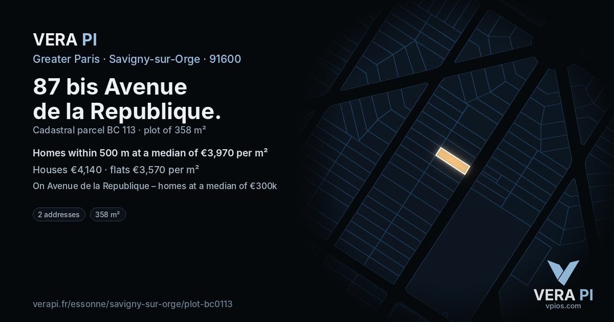 87 bis Avenue de la Republique, Savigny-sur-Orge at night – the plot lit, the parcels around coloured by the prices near them