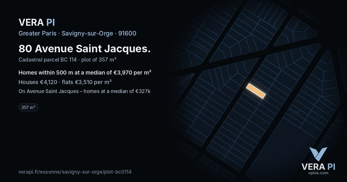 80 Avenue Saint Jacques, Savigny-sur-Orge at night – the plot lit, the parcels around coloured by the prices near them