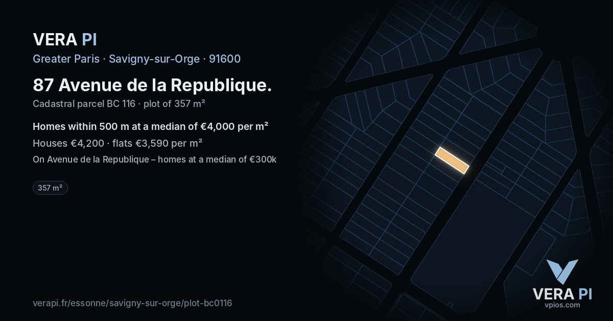 87 Avenue de la Republique, Savigny-sur-Orge at night – the plot lit, the parcels around coloured by the prices near them