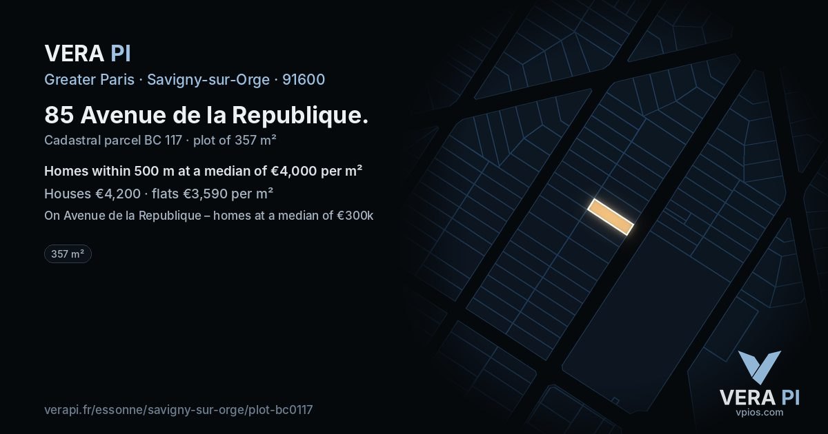85 Avenue de la Republique, Savigny-sur-Orge at night – the plot lit, the parcels around coloured by the prices near them