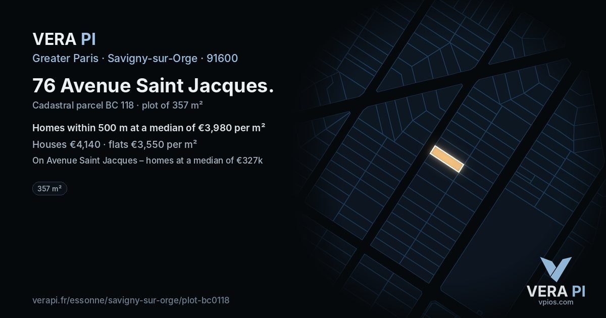 76 Avenue Saint Jacques, Savigny-sur-Orge at night – the plot lit, the parcels around coloured by the prices near them