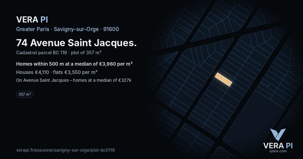 74 Avenue Saint Jacques, Savigny-sur-Orge at night – the plot lit, the parcels around coloured by the prices near them