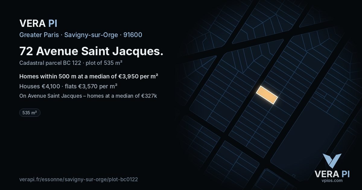 72 Avenue Saint Jacques, Savigny-sur-Orge at night – the plot lit, the parcels around coloured by the prices near them