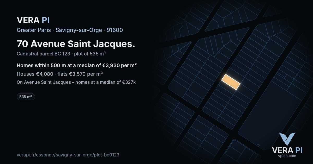 70 Avenue Saint Jacques, Savigny-sur-Orge at night – the plot lit, the parcels around coloured by the prices near them