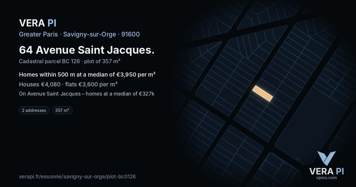 64 Avenue Saint Jacques, Savigny-sur-Orge at night – the plot lit, the parcels around coloured by the prices near them