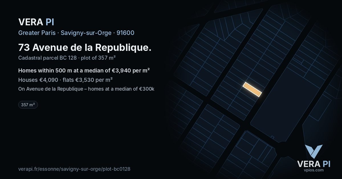 73 Avenue de la Republique, Savigny-sur-Orge at night – the plot lit, the parcels around coloured by the prices near them