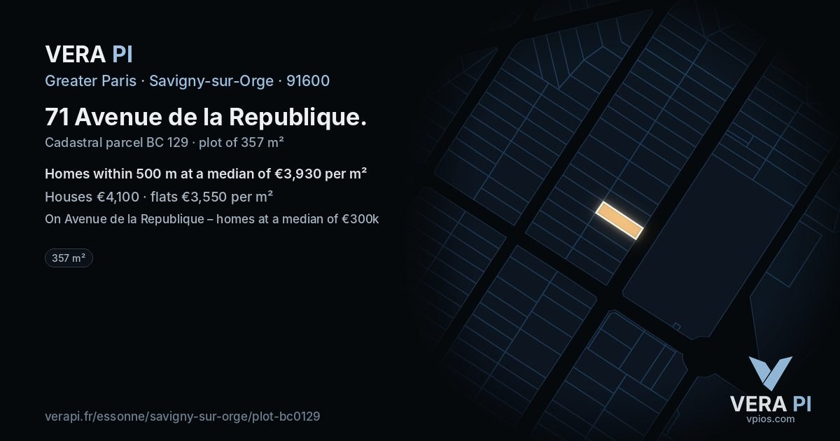 71 Avenue de la Republique, Savigny-sur-Orge at night – the plot lit, the parcels around coloured by the prices near them