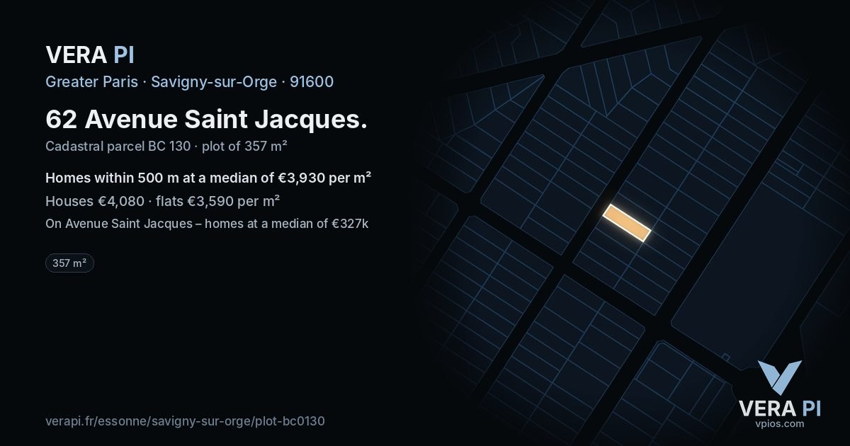 62 Avenue Saint Jacques, Savigny-sur-Orge at night – the plot lit, the parcels around coloured by the prices near them