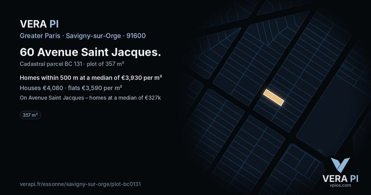 60 Avenue Saint Jacques, Savigny-sur-Orge at night – the plot lit, the parcels around coloured by the prices near them