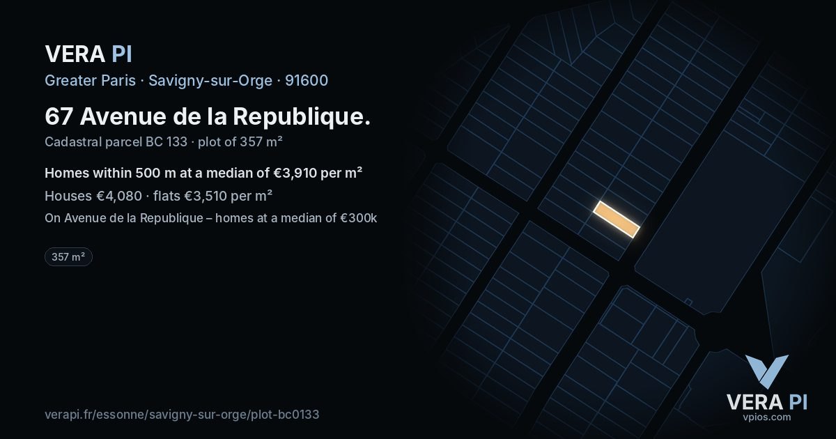 67 Avenue de la Republique, Savigny-sur-Orge at night – the plot lit, the parcels around coloured by the prices near them