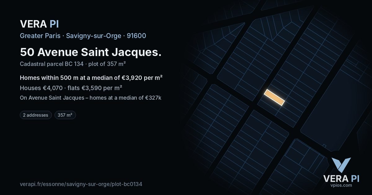 50 Avenue Saint Jacques, Savigny-sur-Orge at night – the plot lit, the parcels around coloured by the prices near them
